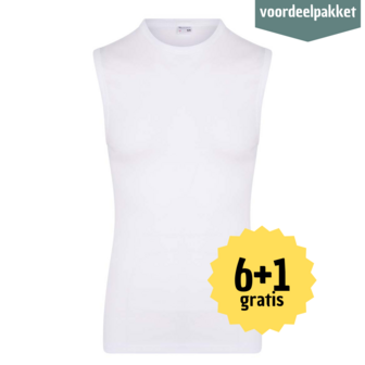 HEREN MOUWLOOS SHIRT MET RONDE HALS M3000 WIT MULTIPACK 6 + 1 GRATIS!