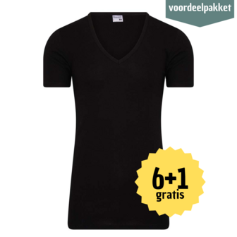 HEREN  T SHIRT MET DIEPE V HALS M3000 ZWART MUTIPACK 6 + 1 GRATIS !