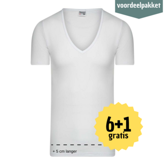 EXTRA LANG HEREN T SHIRT MET DIEPE V HALS M3000 WIT MULTIPACK 6 + 1 GRATIS !