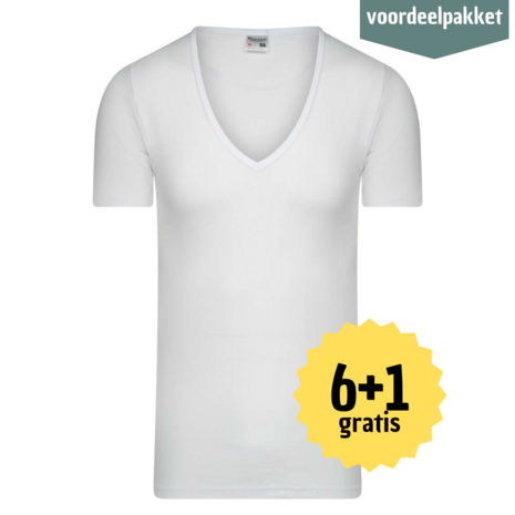 Beeren HEREN  T SHIRT MET DIEPE V HALS M3000 WIT MUTIPACK 6 + 1 GRATIS ! 