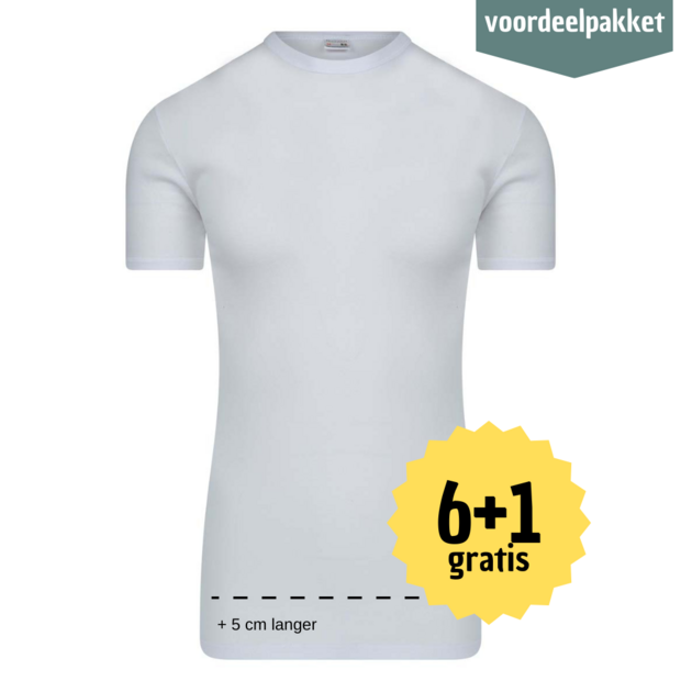 Beeren HEREN T SHIRT EXTRA LANG  MET RONDE HALS M3000 WIT  Multipack 6 + 1 GRATIS ! 