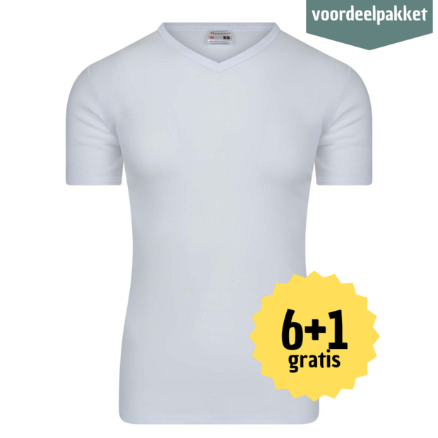 Beeren HEREN T SHIRT MET V HALS M3000 WIT  Multipack 6 + 1 GRATIS ! 