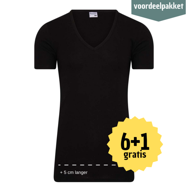Beeren EXTRA LANG HEREN T SHIRT MET DIEPE V HALS M3000  Willem ZWART MULTIPACK 6 + 1 GRATIS !  