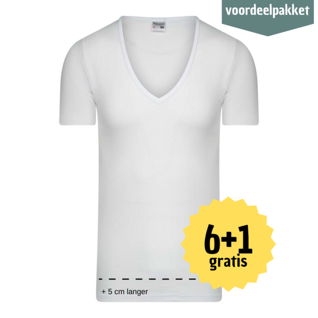 EXTRA LANG HEREN T SHIRT MET DIEPE V HALS M3000 WIT MULTIPACK 6 + 1 GRATIS !  11-545-000