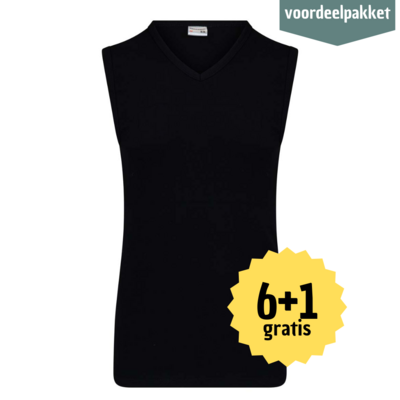 HEREN MOUWLOOS SHIRT MET V HALS M3000 ZWART MULTIPACK 6 + 1 GRATIS!