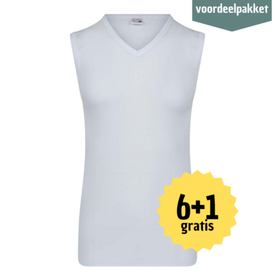 HEREN MOUWLOOS SHIRT MET  V  HALS M3000 WIT MULTIPACK 6 + 1 GRATIS!