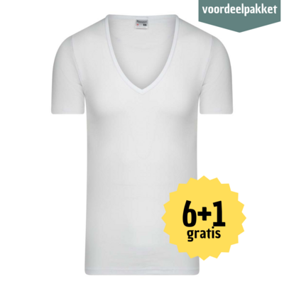 HEREN  T SHIRT MET DIEPE V HALS M3000 WIT MUTIPACK 6 + 1 GRATIS !