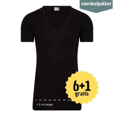 EXTRA LANG HEREN T SHIRT MET DIEPE V HALS M3000 ZWART MULTIPACK 6 + 1 GRATIS !